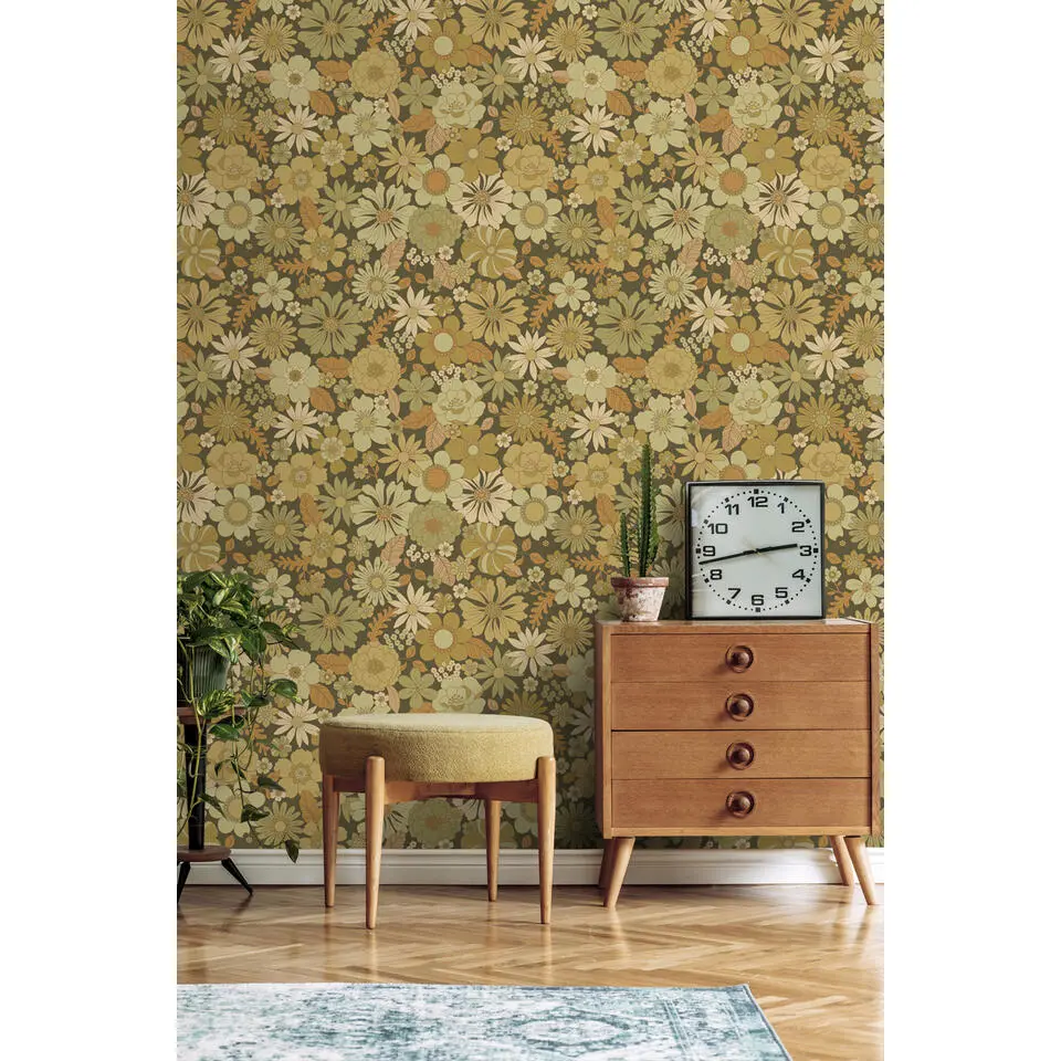 ESTAhome behang retro bloemen olijfgroen - 50 x 900 cm