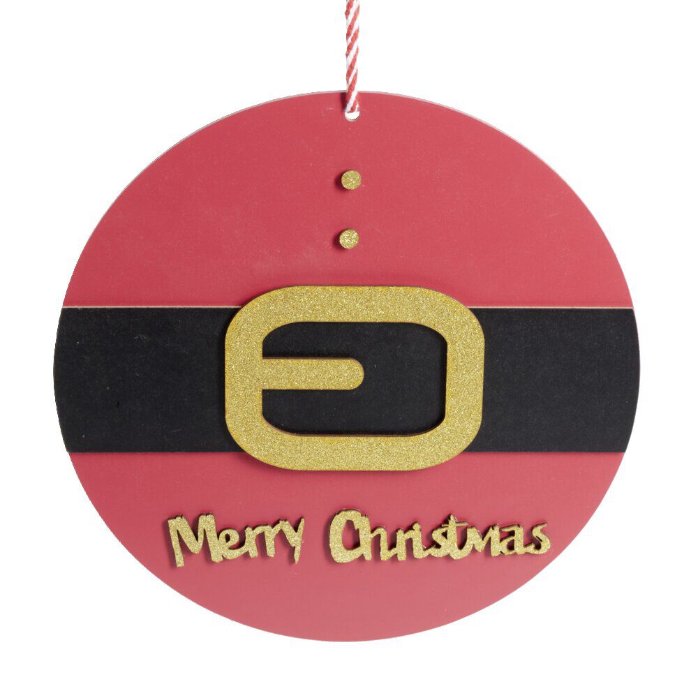 Pancarte Joyeux No&euml;l en bois ceinture rouge et noire Ø30cm
