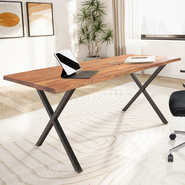 Biurko z Drewna Akacjowego 140 cm Metalowe Nogami Stół Home Office