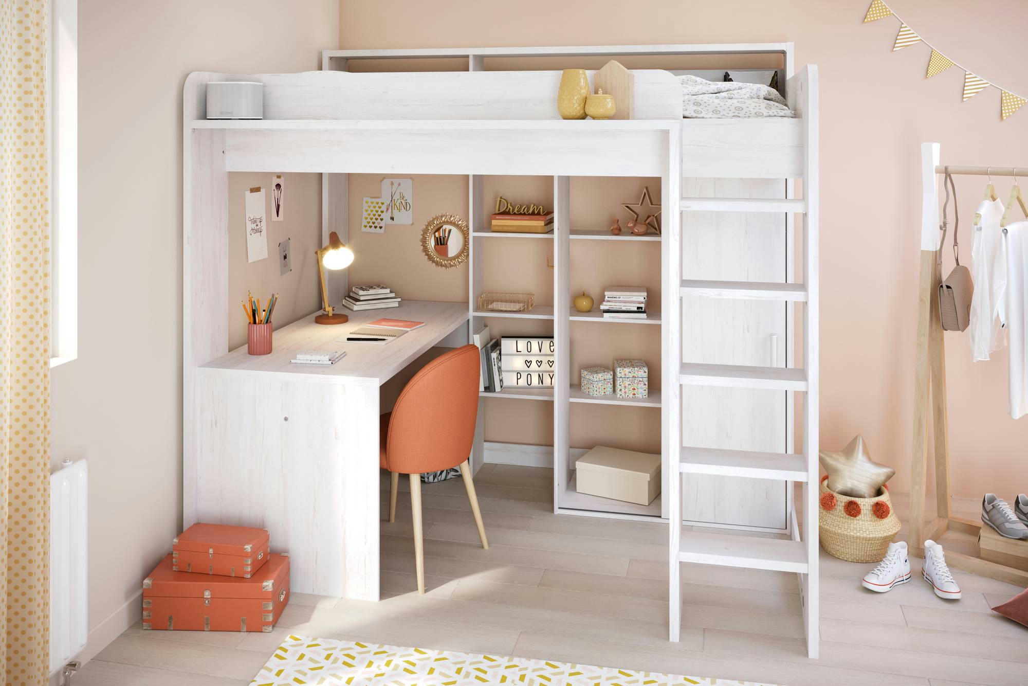 PIERRICK - Lit mezzanine avec son bureau et sa penderie 90 x 200 cm