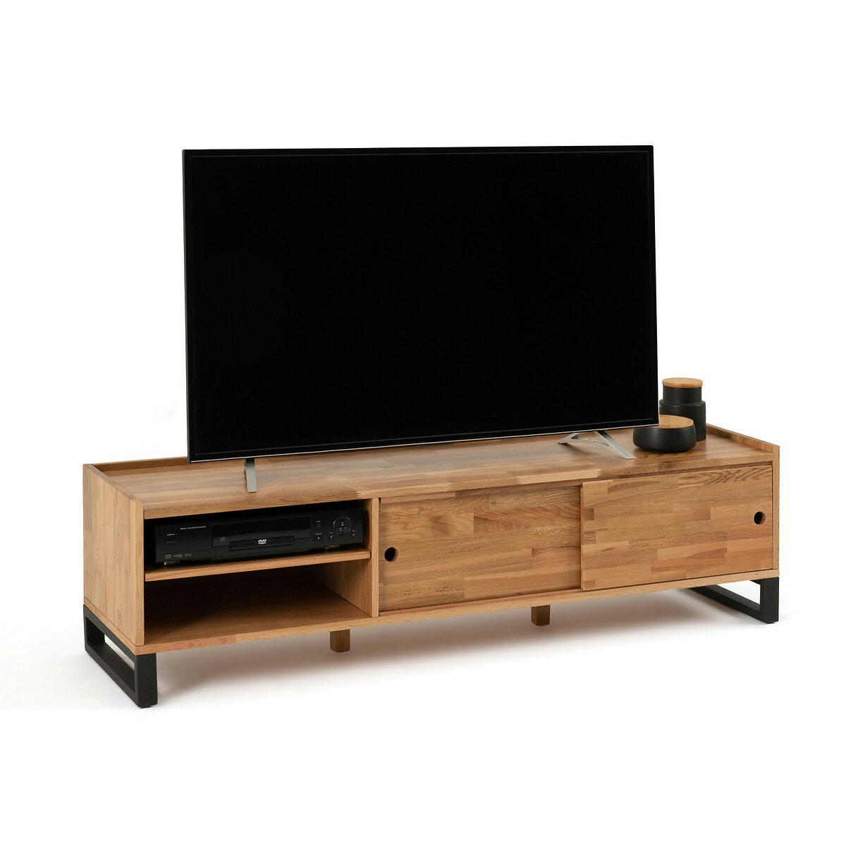 Banc TV, chêne massif abouté et acier, Hiba
