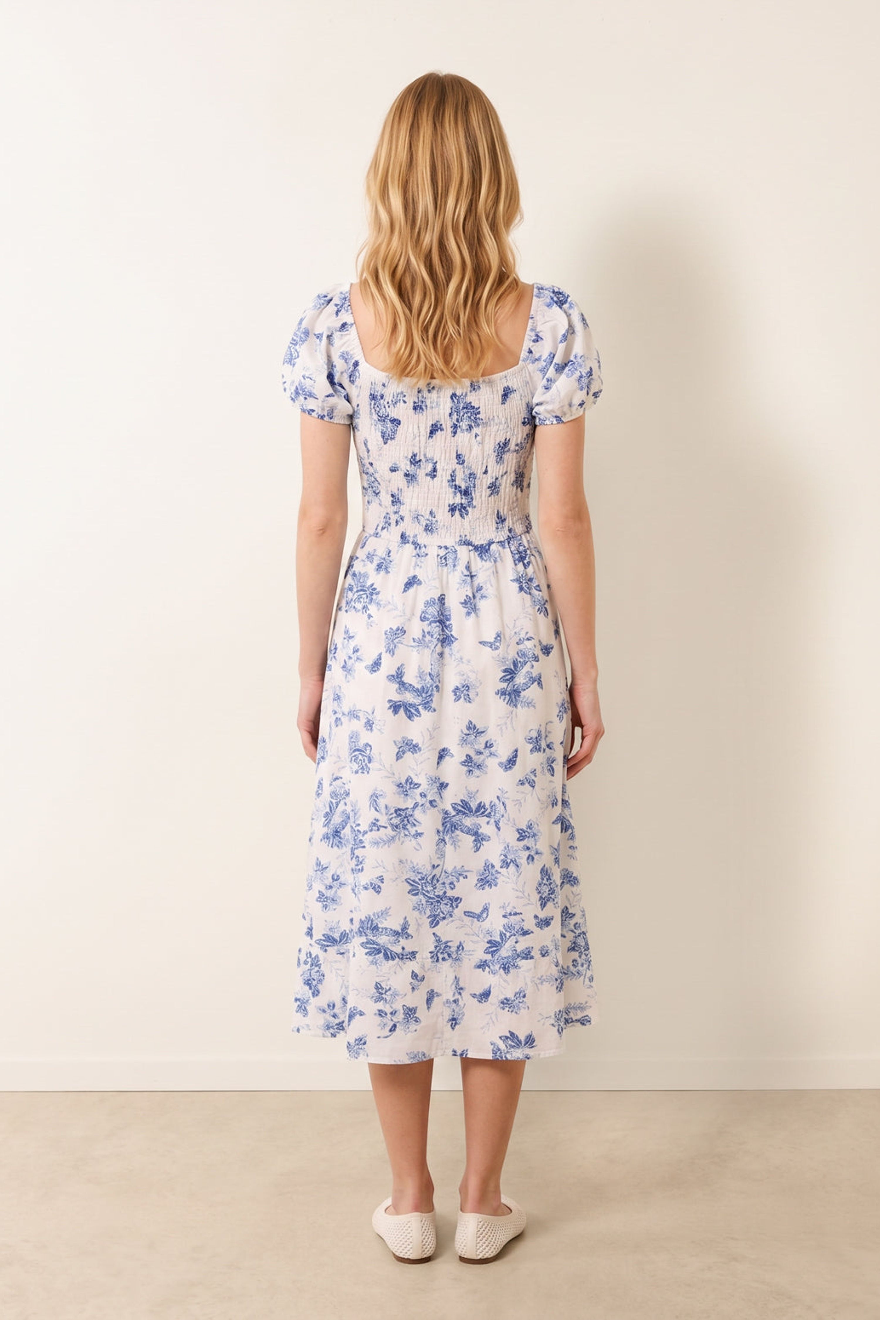 Blue Vanilla Off The Shoulder Puff Sleeve Shirred Print Dress