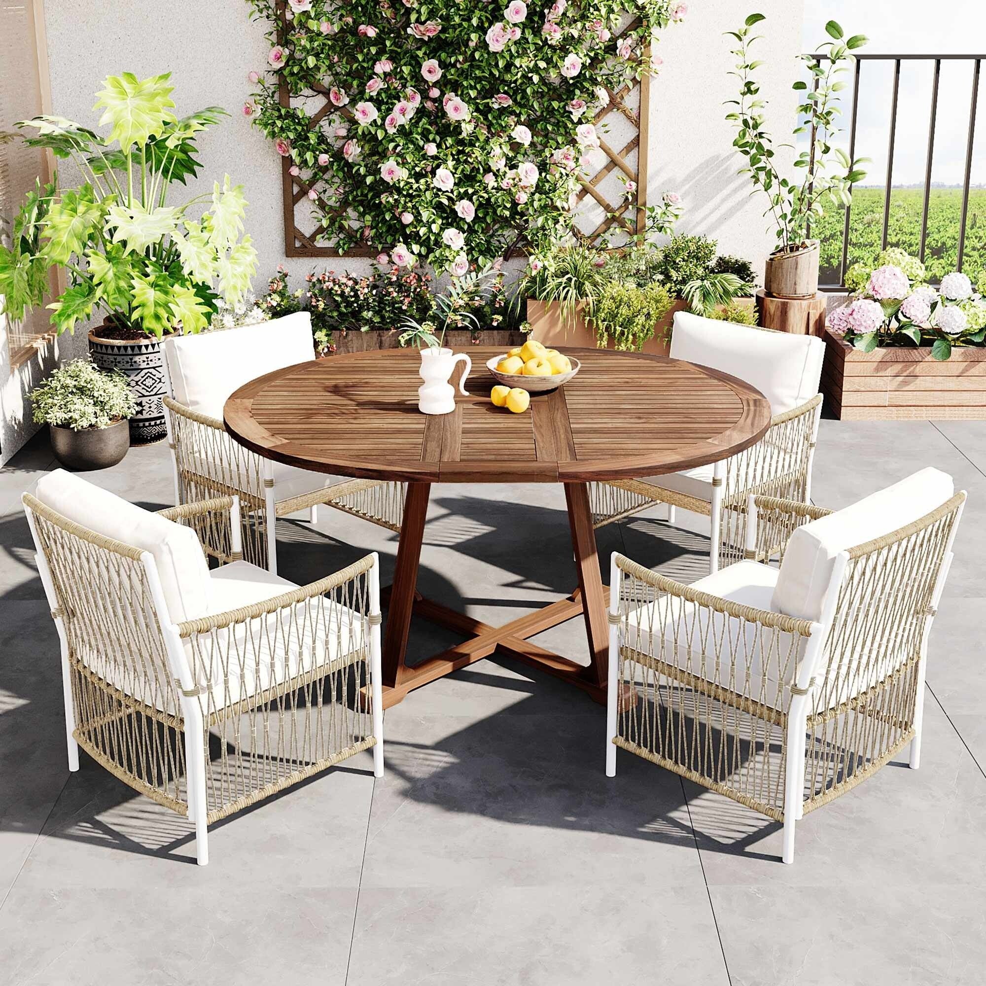 5-piece Patio Dining Set with Extendable Wooden Round Table