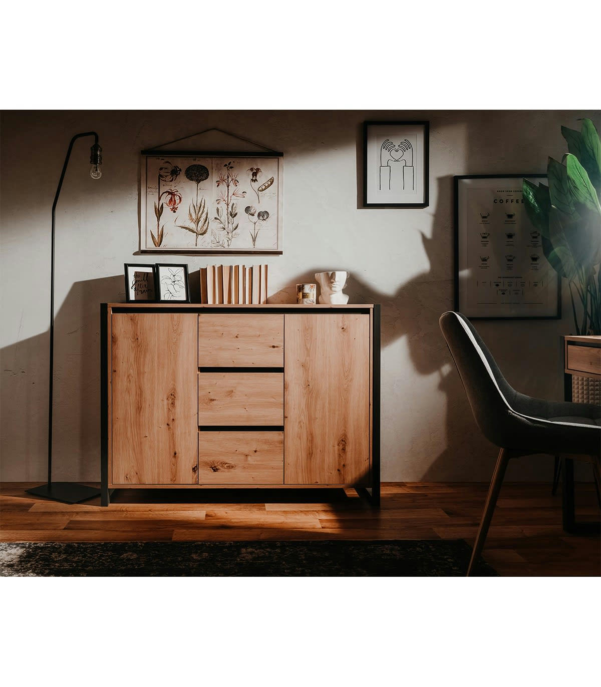 DENVER - Buffet Industriel 2 portes 3 tiroirs L120 cm - Décor Bois Clair