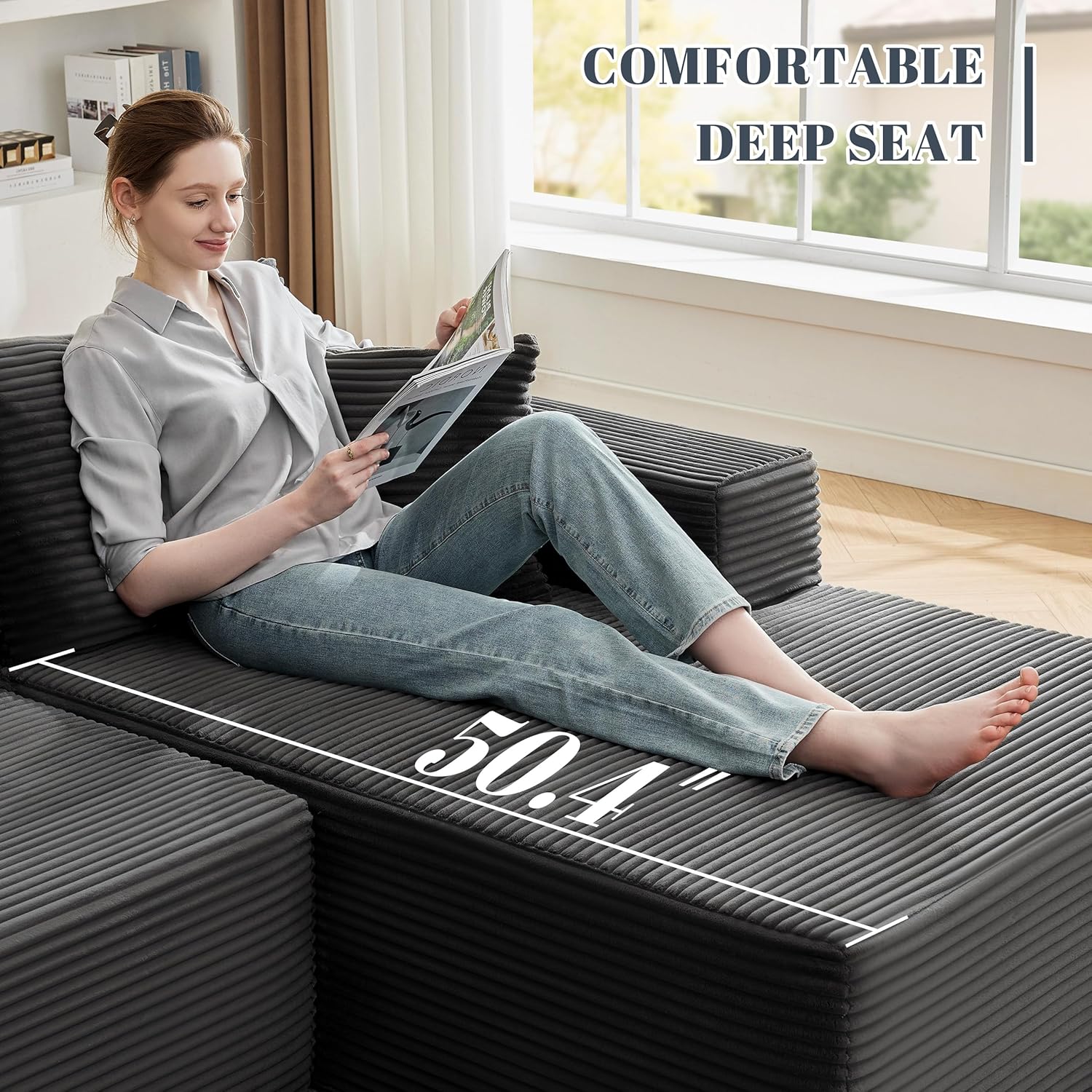 110” Cloud Sectional Couch, Boneless Sofa for Living Room, Modular Sectional Sofa with Deep Seat, Fluffy Couch with L-Shaped Chaise, No Assembly Required (Right-Facing Chaise, Dark Grey)