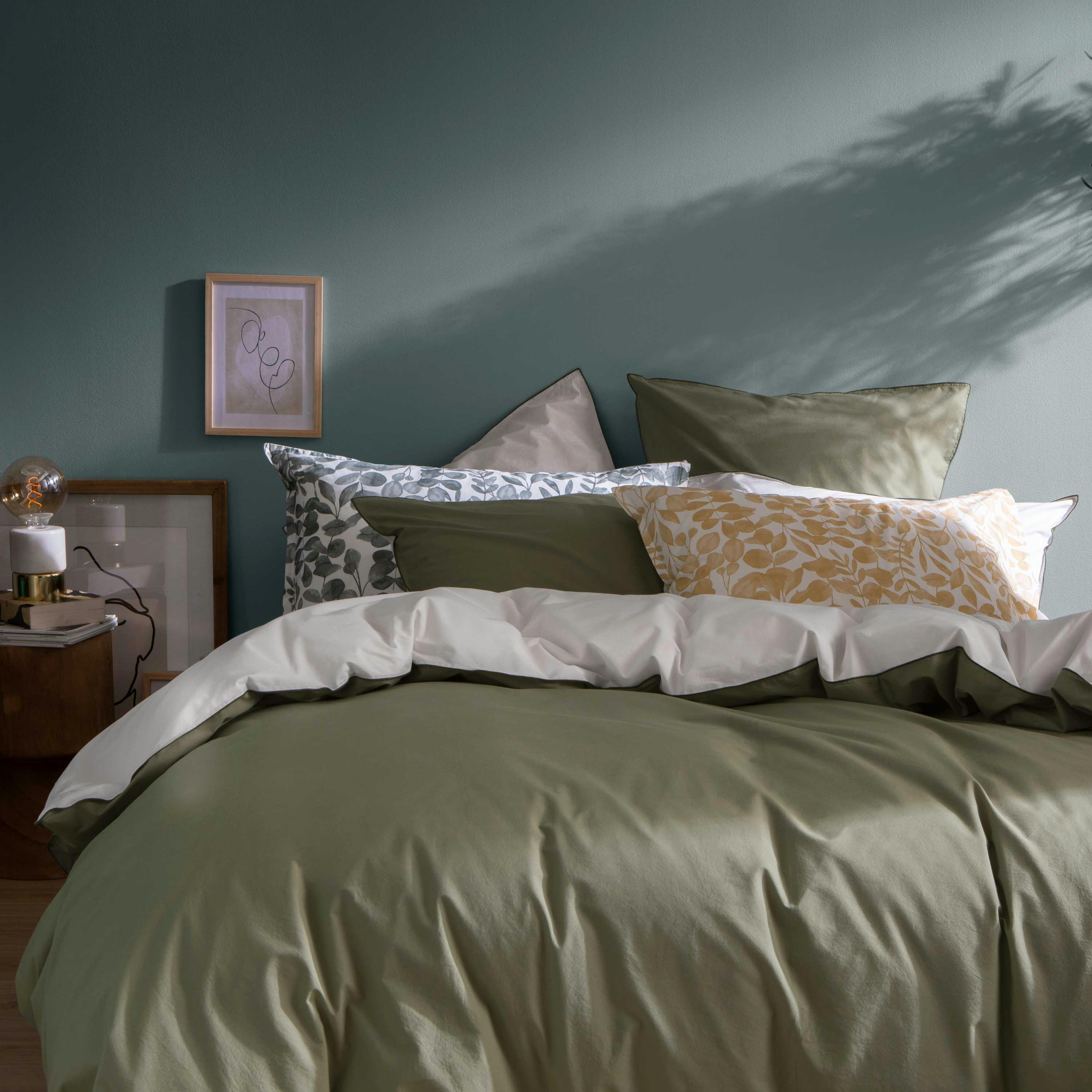 DOUCEUR LAVÉE - Housse de couette bicolore en percale de coton lavé 260x240 cm Olive