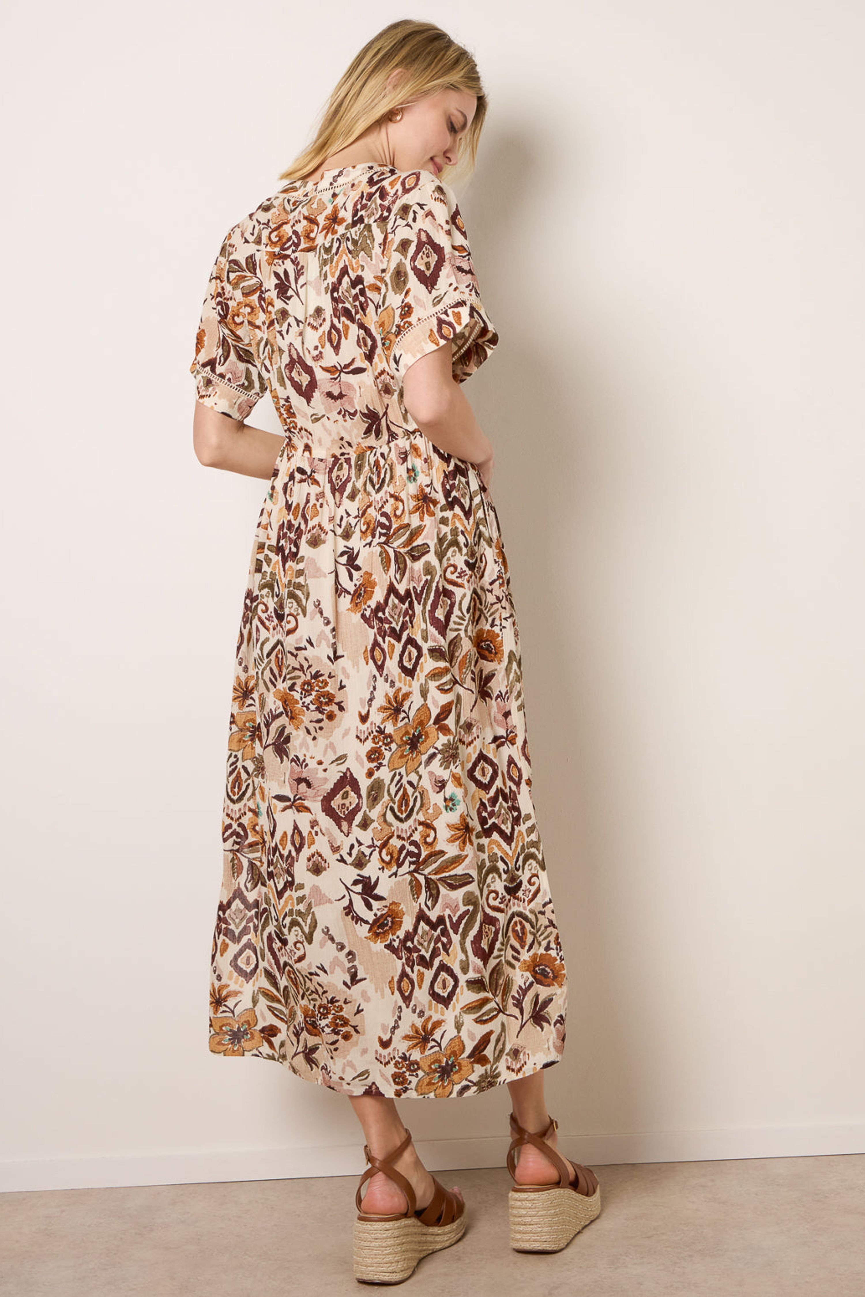 Blue Vanilla Brown Printed Drawstring Waist Midi Dress