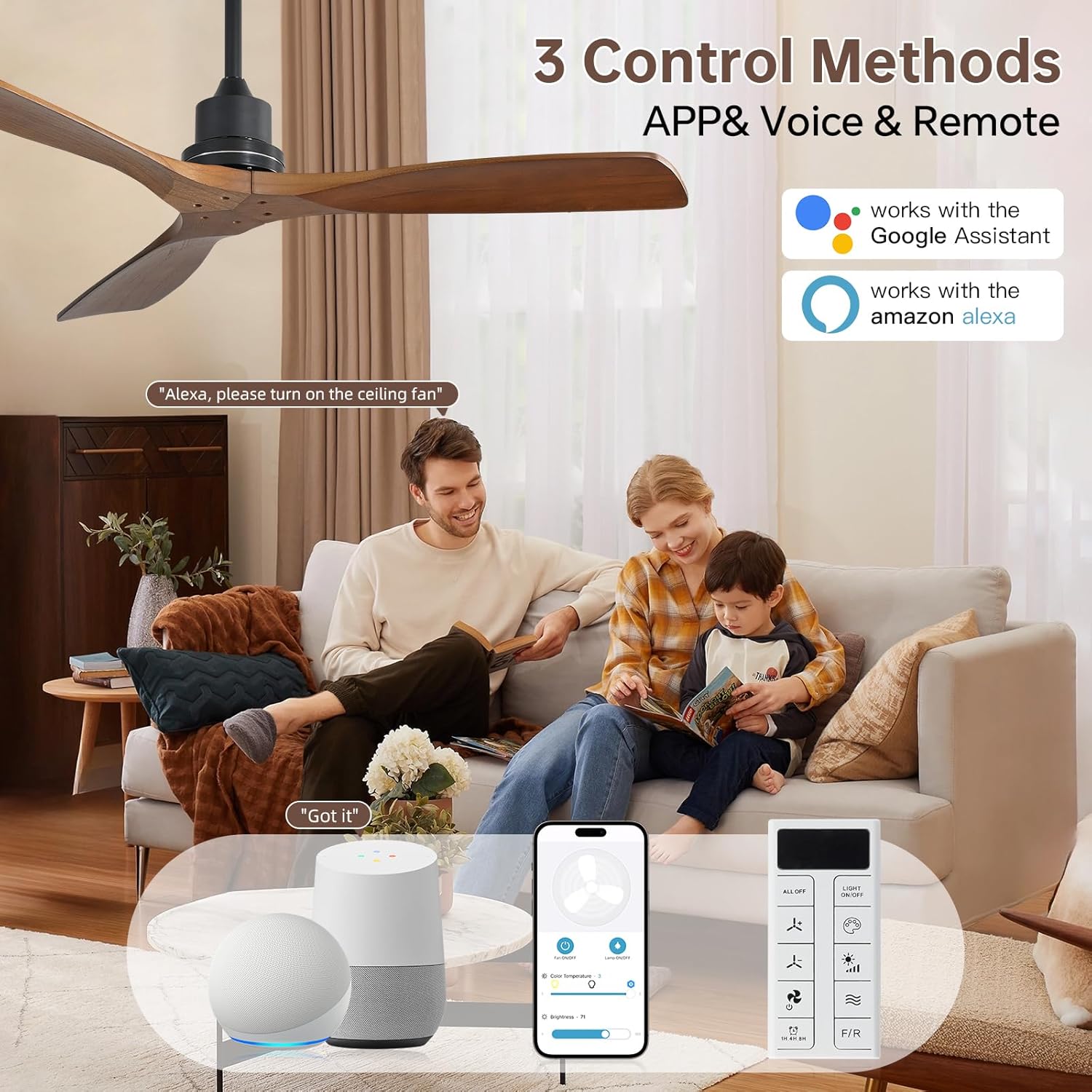 Sofucor Smart Ceiling Fan no Lights, 52 Low Profile Ceiling Fans with Remote, Compatible with Alexa/Google/App, 6-Speed Timing Reversible DC Motor for Bedroom Living Room Patio Indoor Outdoor
