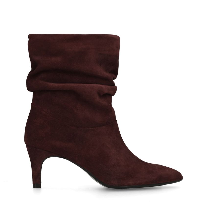Manfield Bordeaux rode suède enkellaarsjes met hak