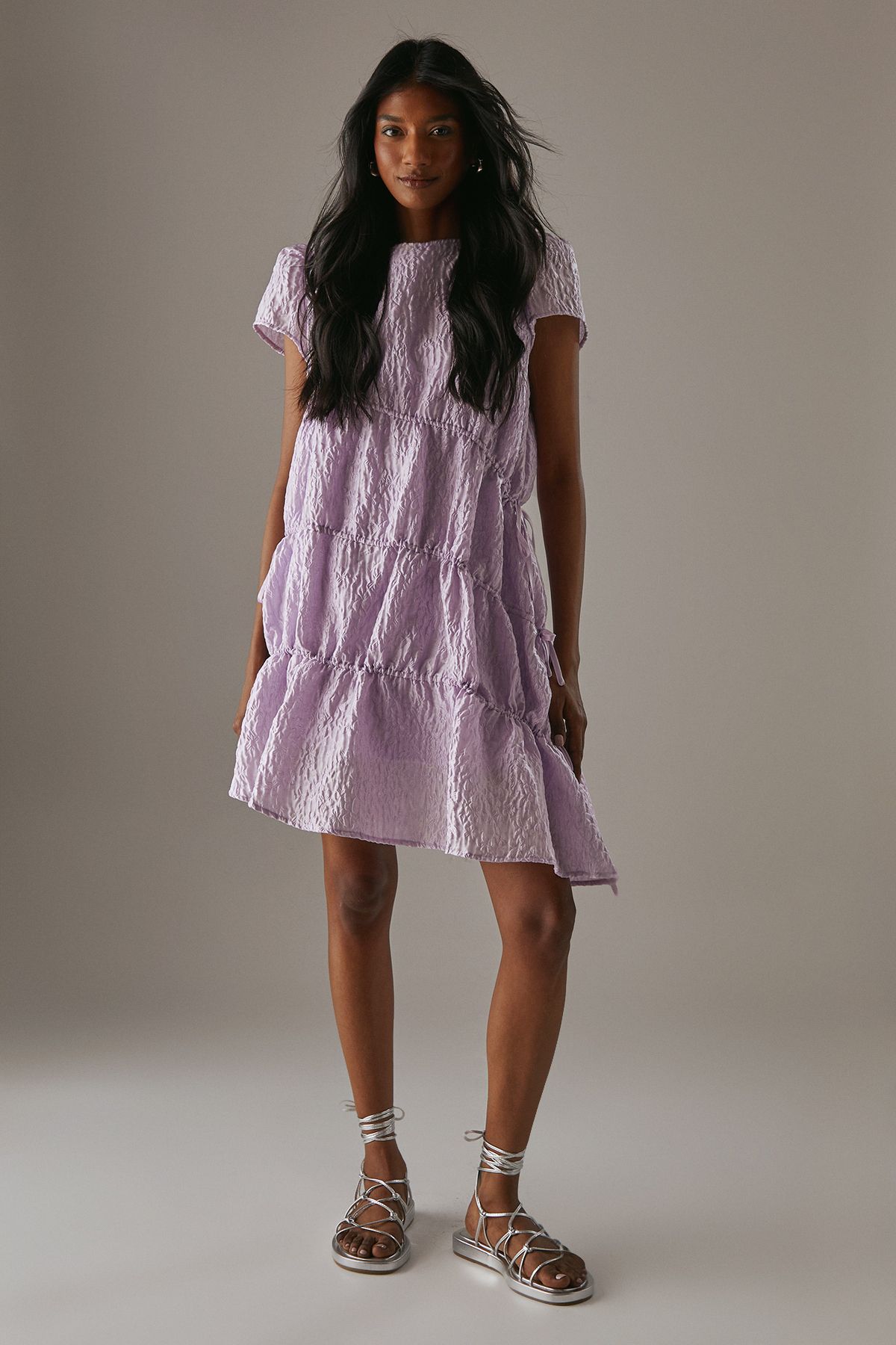 Warehouse Premium Jacquard Gathered Channel Smock Mini Dress