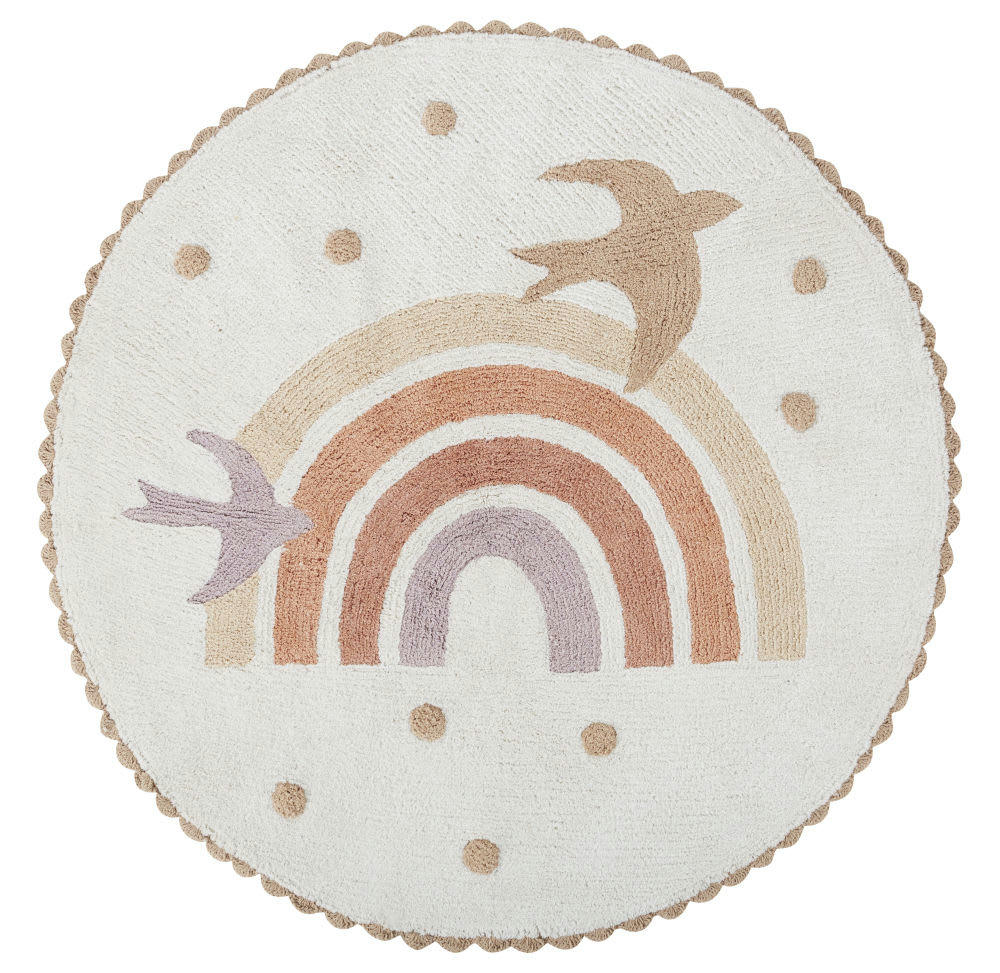 RAINBOW - Tapis enfant rond en coton recyclé tufté imprimé arc-en-ciel et oiseaux D120