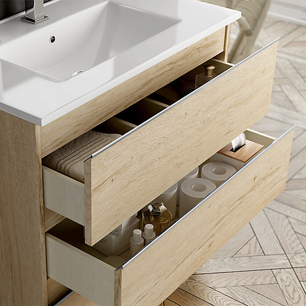 Meuble sous vasque seul, 3 tiroirs, 80cm, simple vasque - bambou (chêne clair) - PALMA