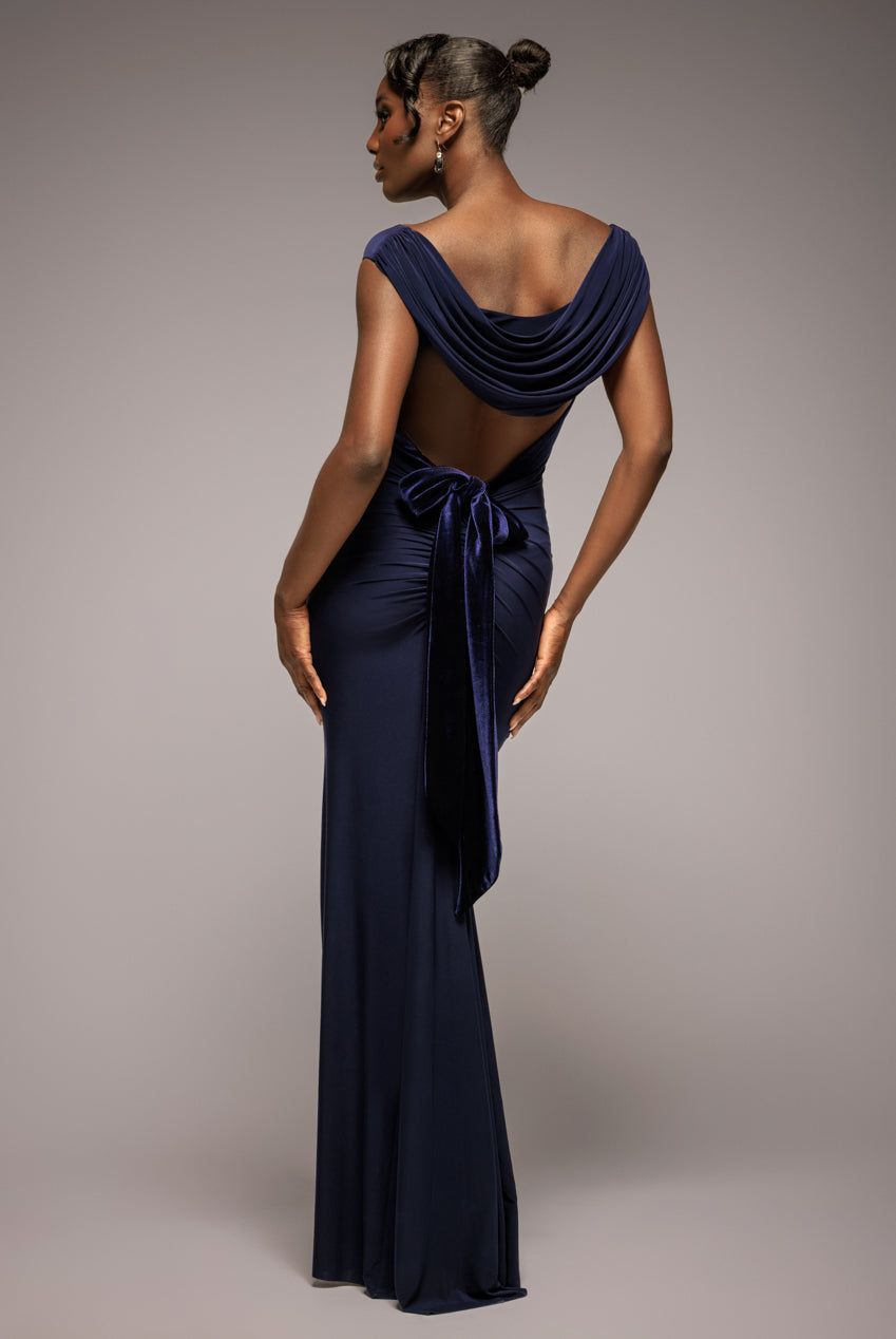 Goddiva Open Back Cowl Neck Gathered Maxi Dress With Velvet Tie Back