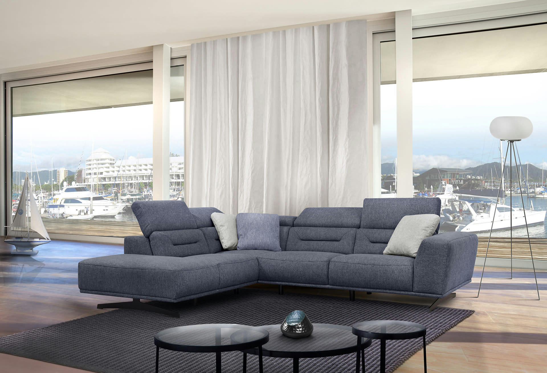 LUCANO - Canapé d'angle gauche 5 places tissu bleu foncé