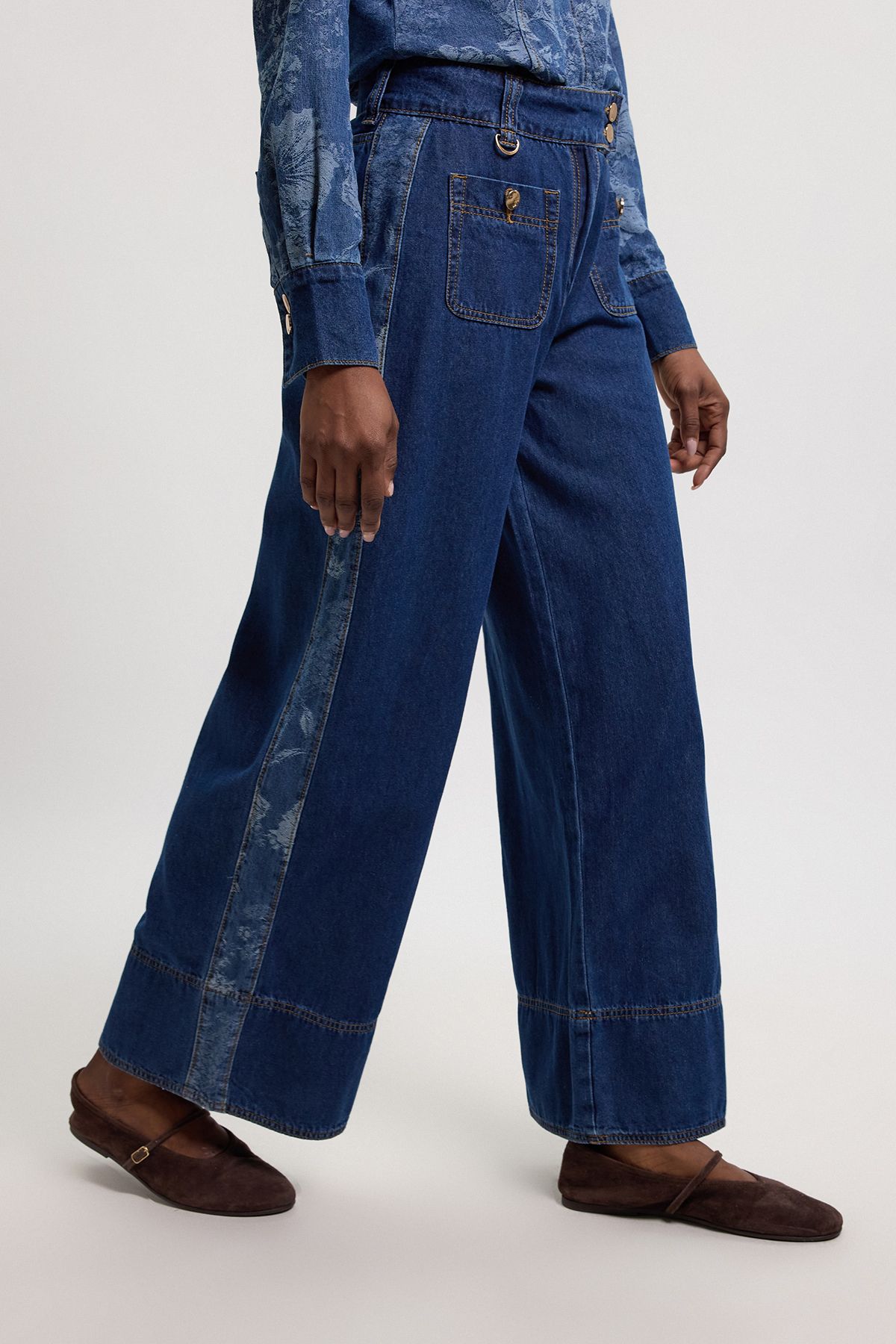 KarenMillen Denim & Jacquard Contrast Wide Leg Jean