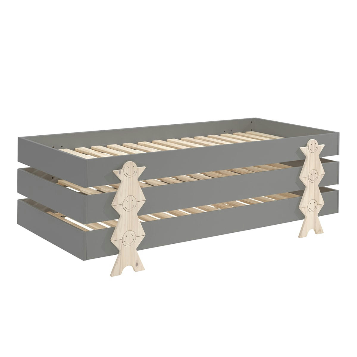 MODULO - Lot de 3 lit empilable 90x200 sommier inclus gris