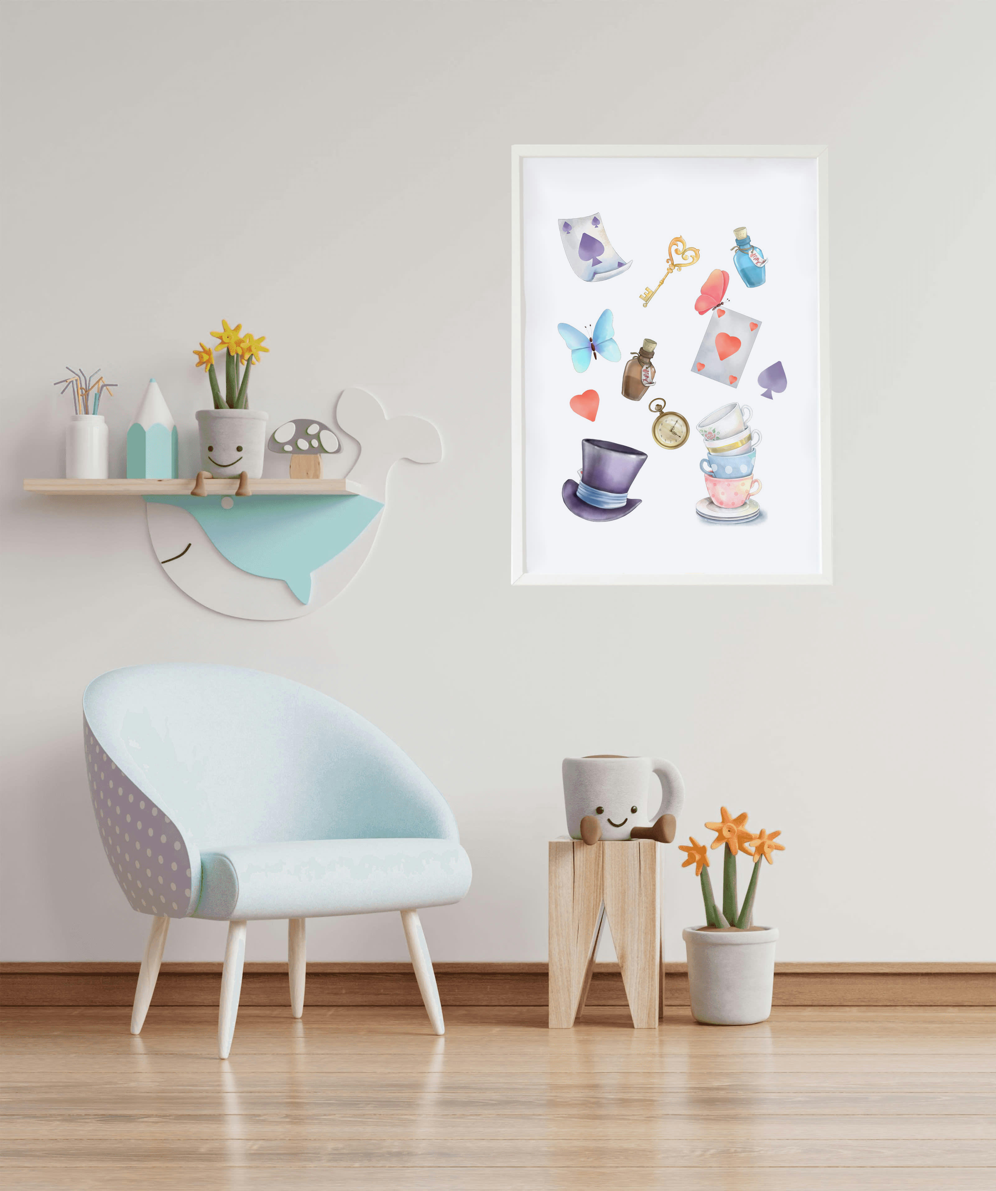 DECOWALL - Impression objets Alice encadrée en bois blanc 43X33 cm