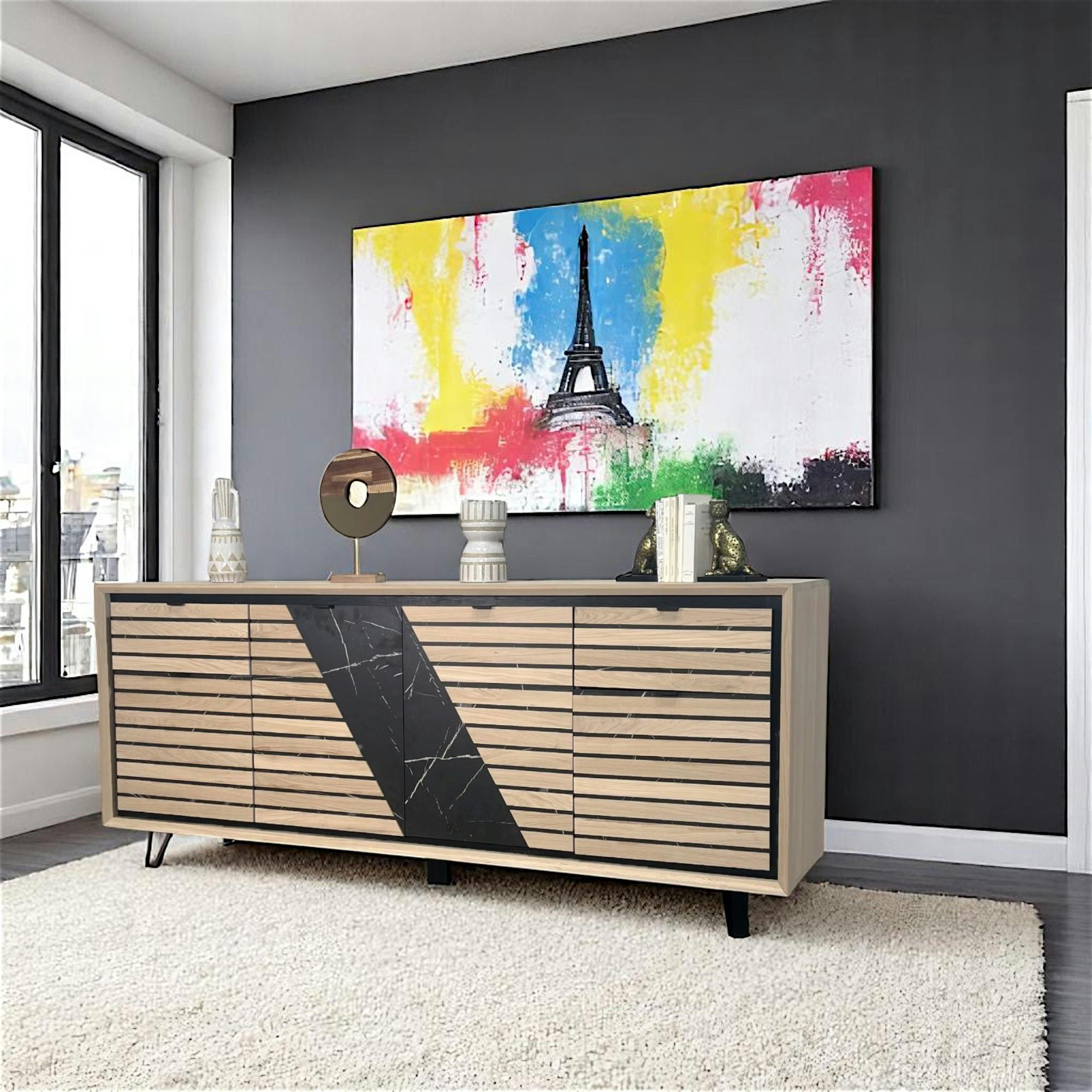 Enfilade 4 portes chêne blanc décor graphique ESSEN
