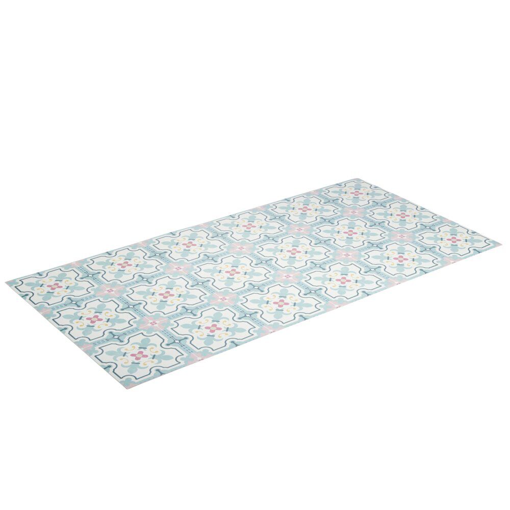 Tapis vinyle rectangulaire motif carreau de ciment beige et bleu 50x100cm