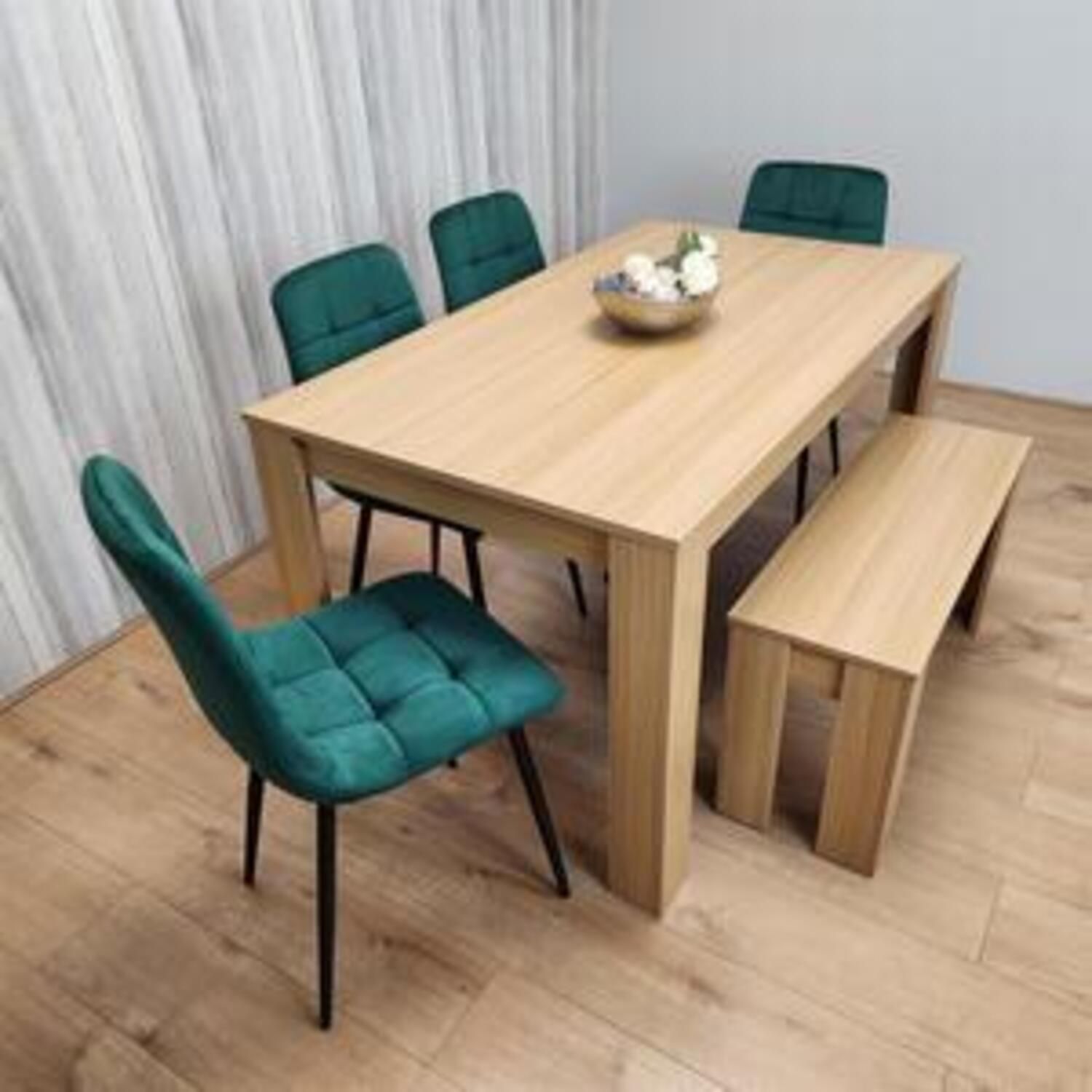 KOSY KOALA 6 Seater Light Wood Dining Table Set 4 Green Velvet Chairs and Bench