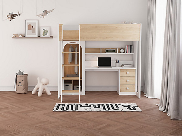 Lit mezzanine 90 x 190 cm avec penderie et bureau - Coloris : Naturel et blanc - ALVENOU