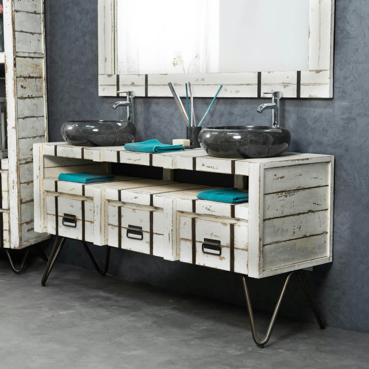 - Meuble sous vasque en bois et métal blanc 3 tiroirs L160cm