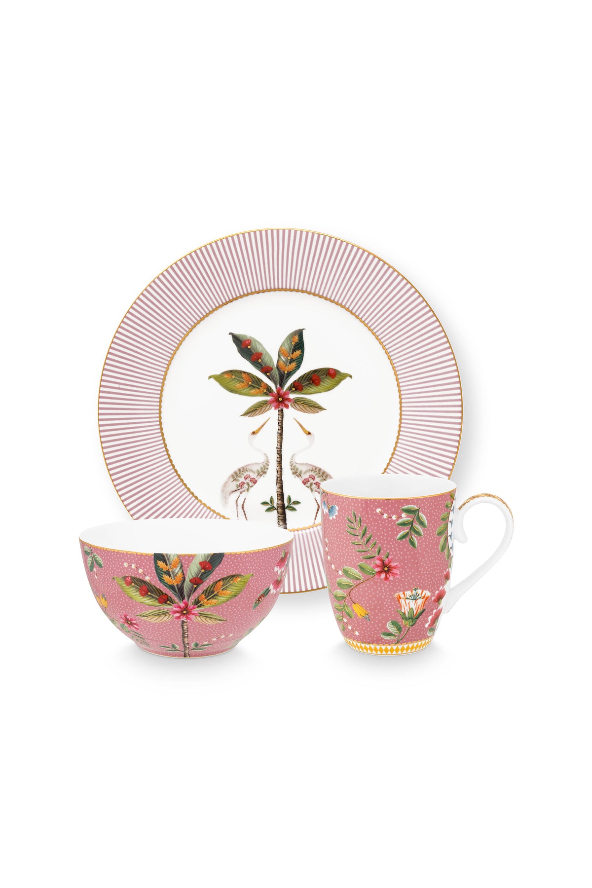 Pip Studio - La Majorelle ontbijtset - Met ontbijtbord, mok en ontbijtkom - Roze - Serviesset van 3