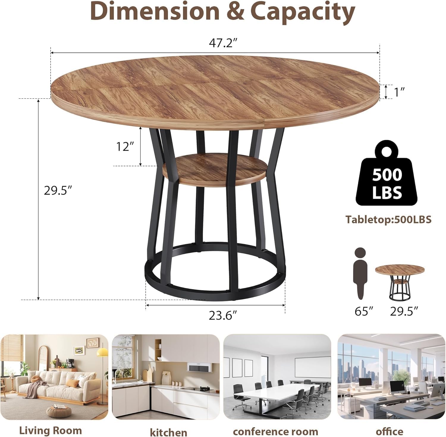 GarveeHome 47 Inch Round Dining Table with Storage Shelf, Farmhouse Circle Kitchen Table for 4-6, Space-Saving Wood Top, Metal Legs, for Kitchen, Dining & Living Room, Apartment, Table Only-Brown