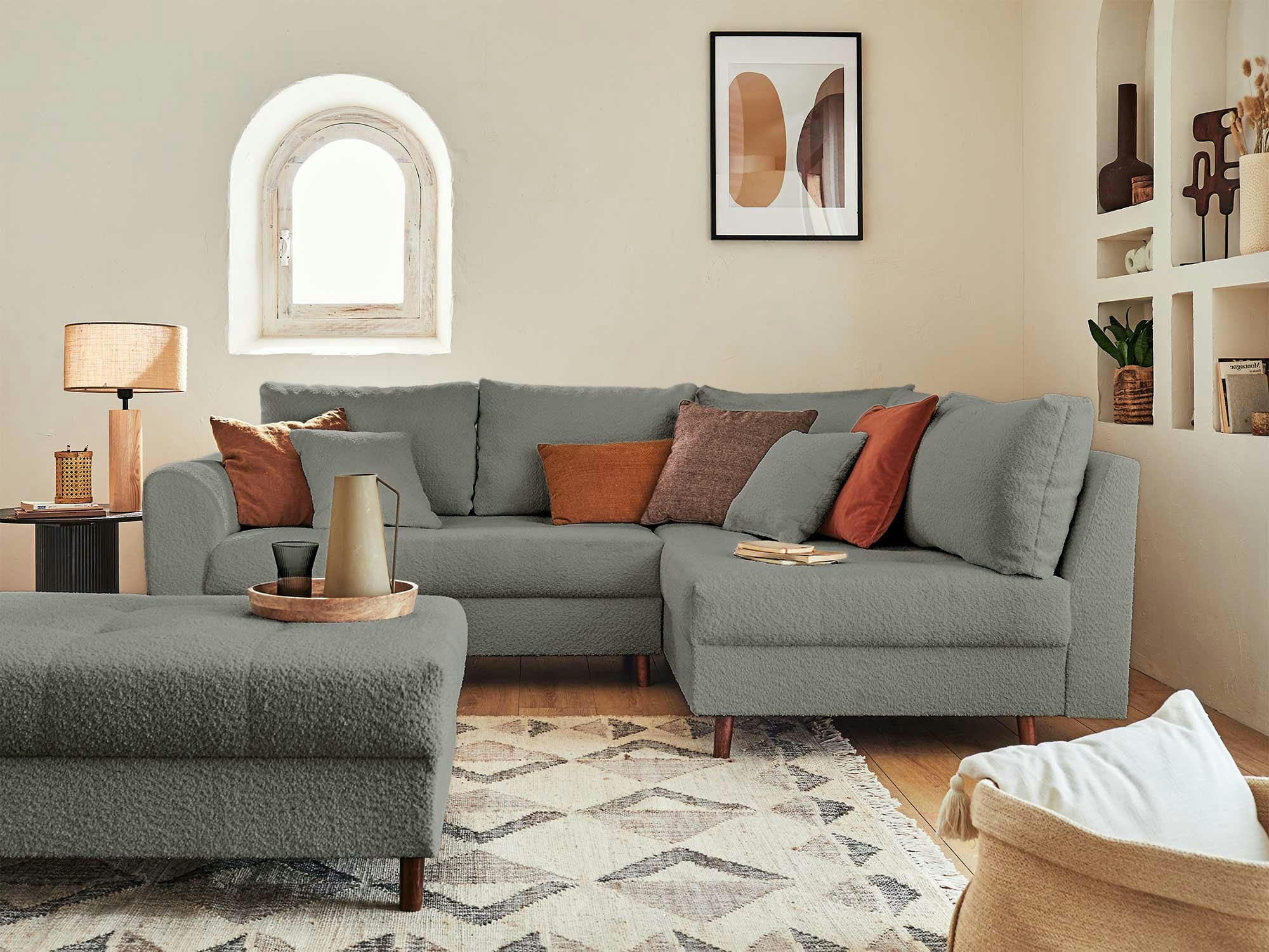 RUNE - Canapé d'angle droit convertible 4 places en tissu bouclette gris