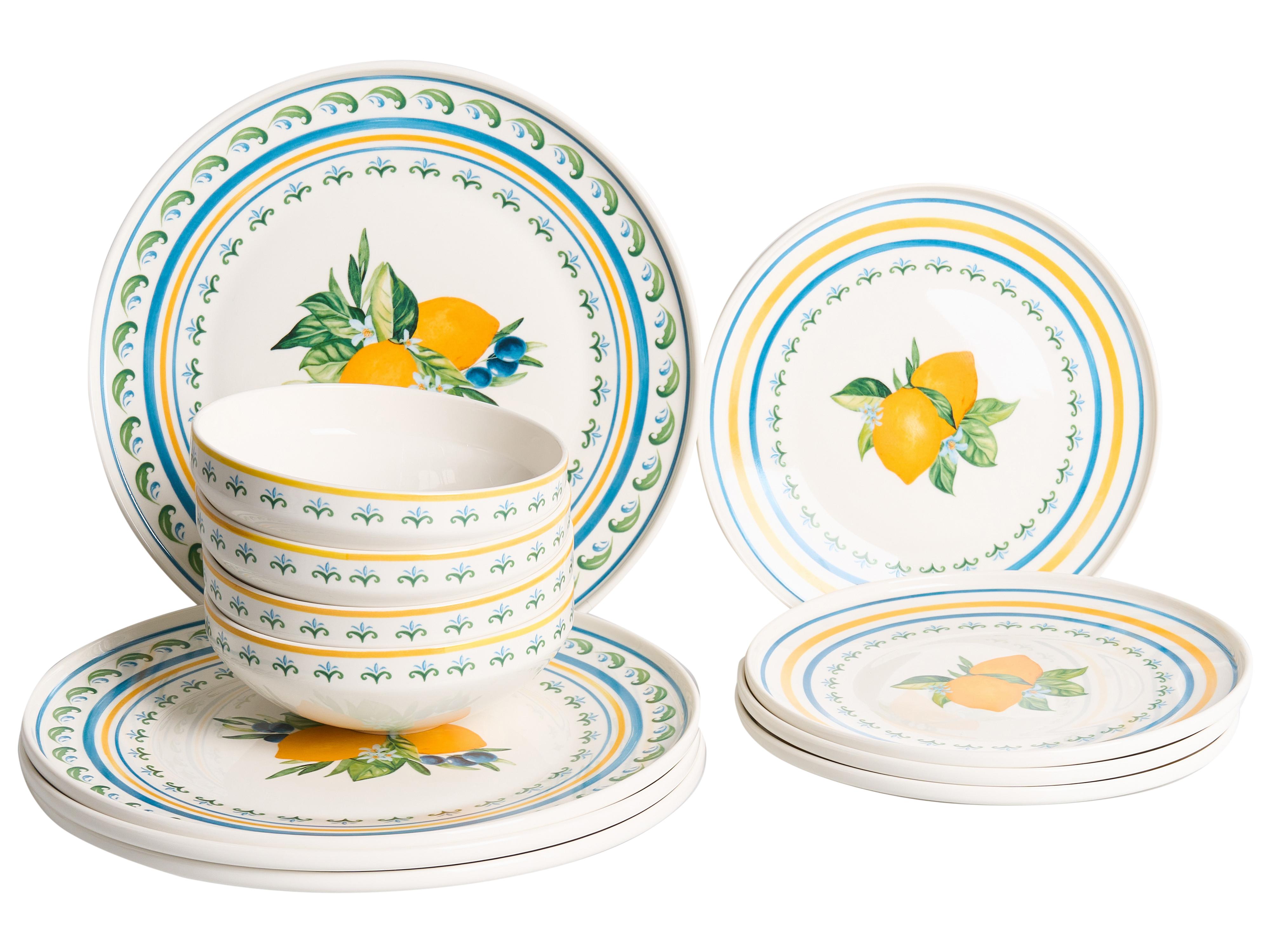 Set of 12 Dinnerware TARRAGON Porcelain White/ Green