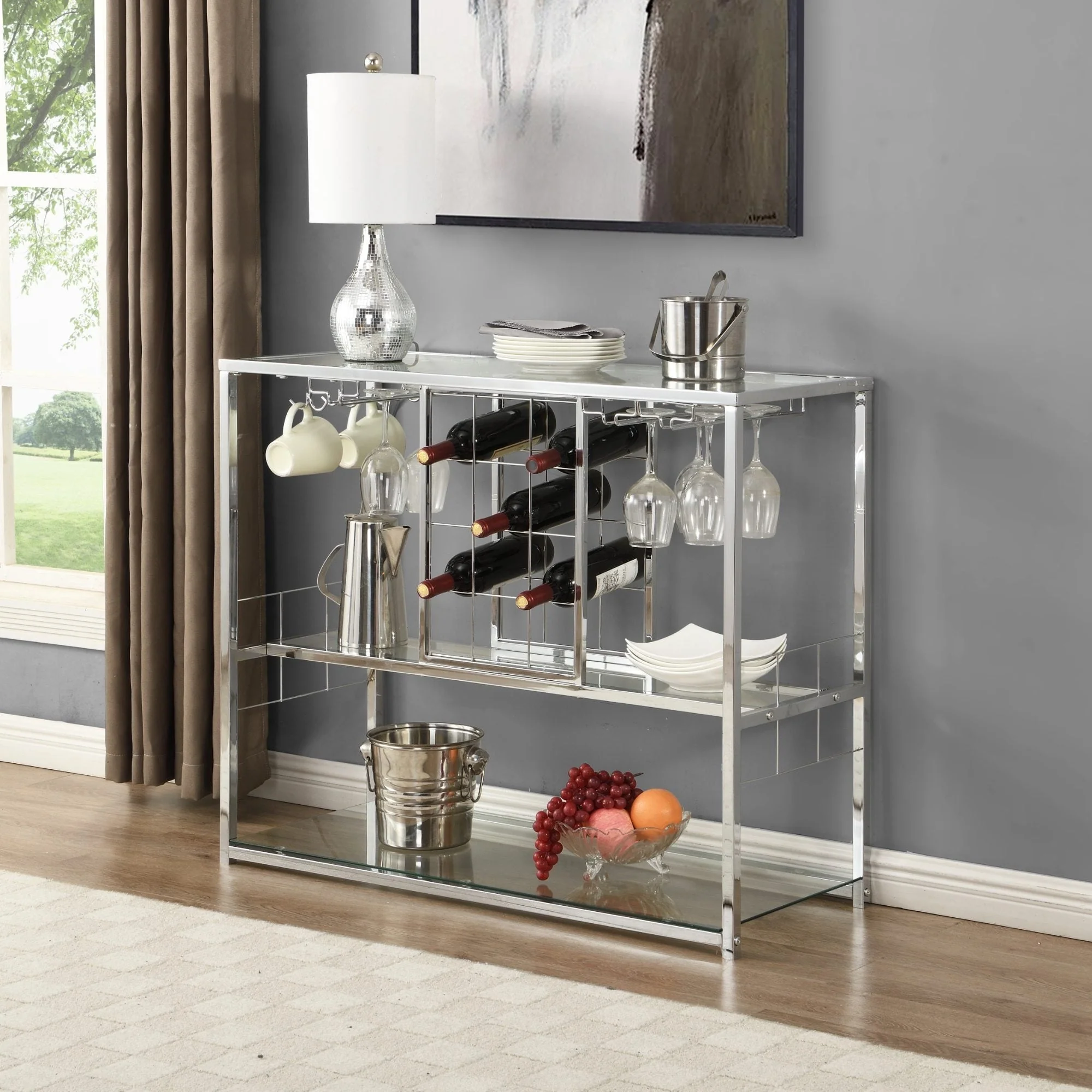 Chrome Wine Rack with 12-Bottle Capacity, 15 Stemware Racks, and 3 Tempered Shelves Buffet/Sideboard