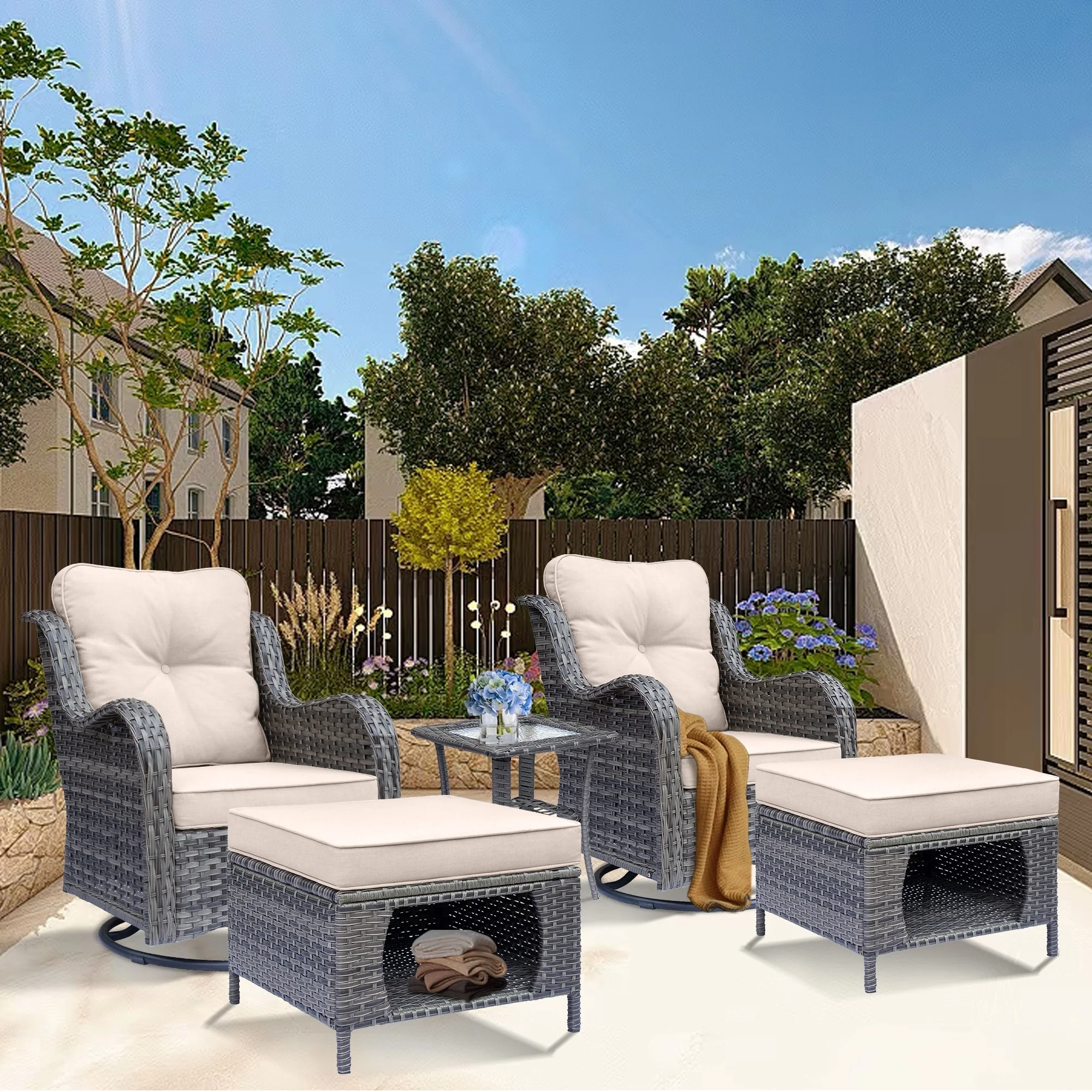 Outdoor Patio Furniture Set-Wicker Conversation Sets with Swivel Chair