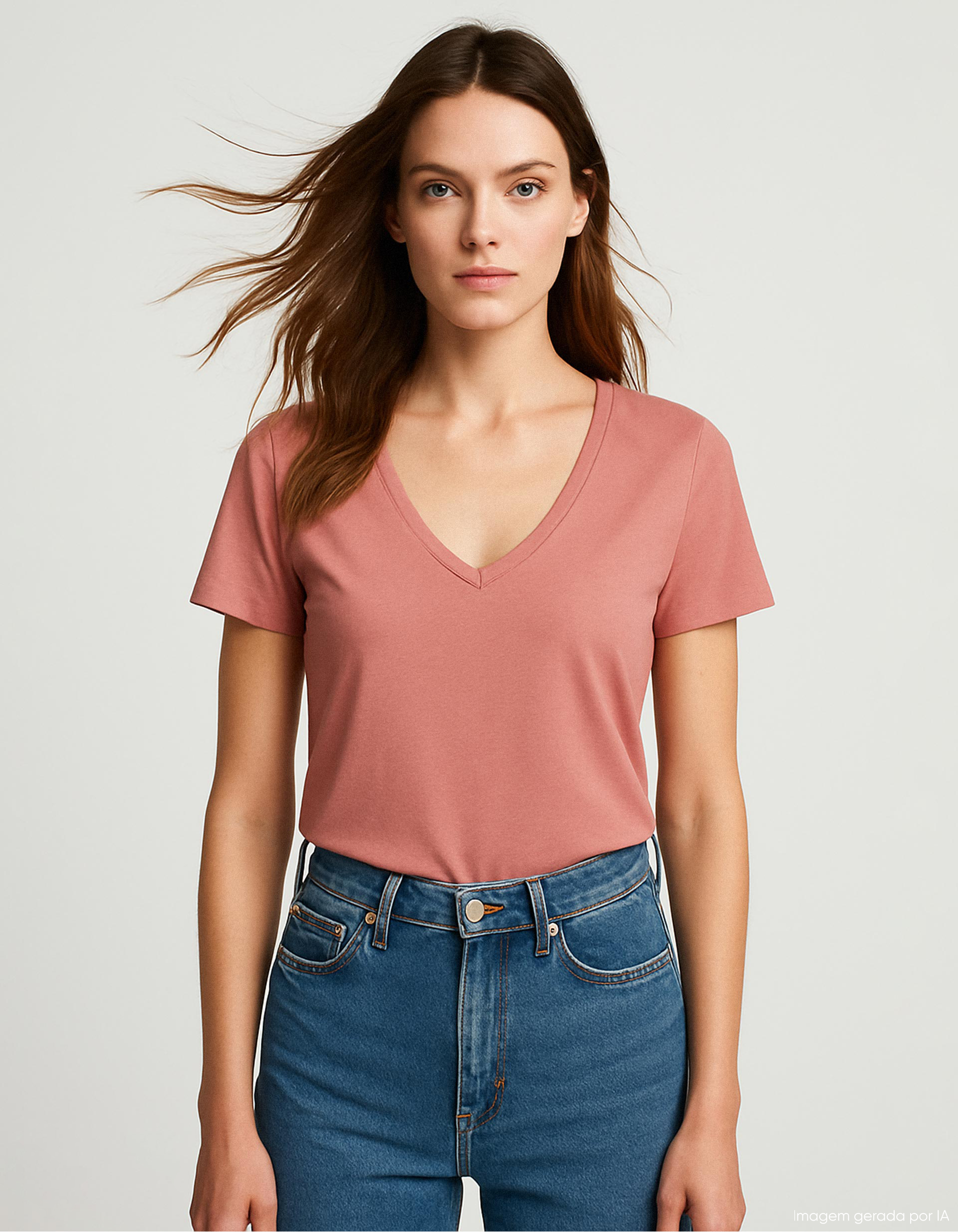 T-shirt Decote em V, Mulher, Rosa