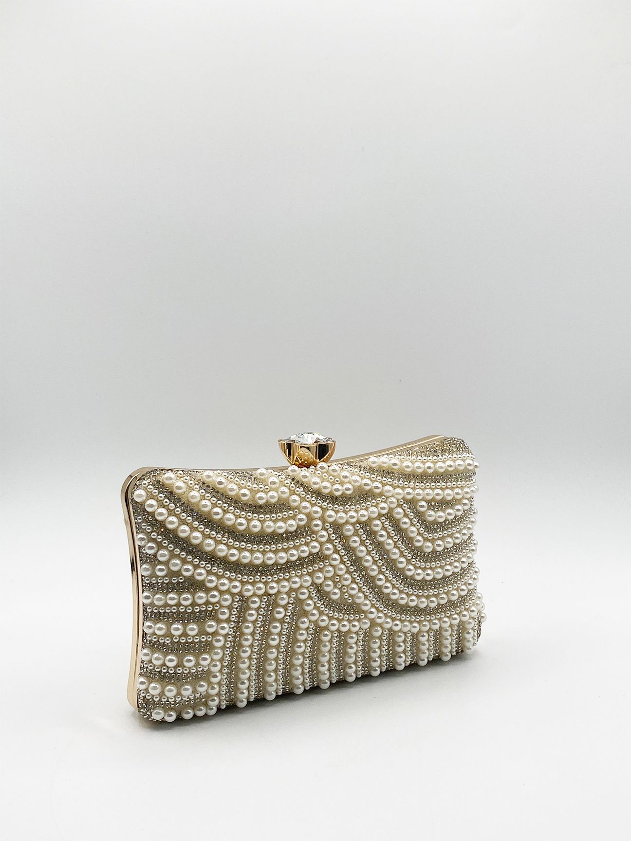 SVNX Luxurious Gold Pearl Embellished Clutch Bag