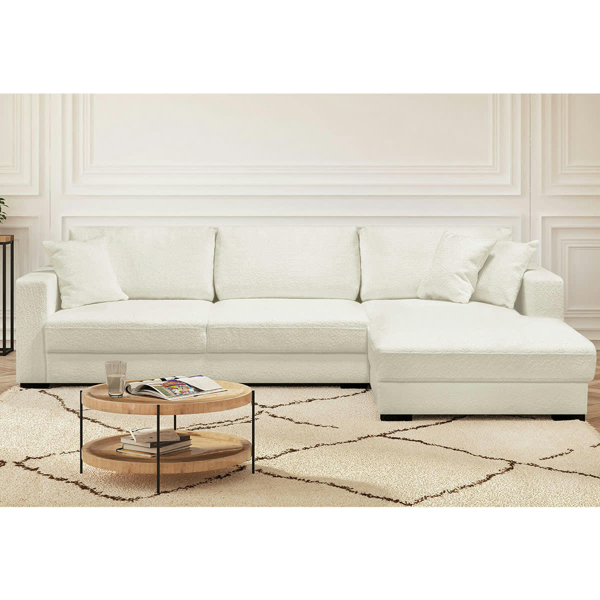 ROBIN - Canapé d'angle à droite convertible 5 places en tissu bouclette écru