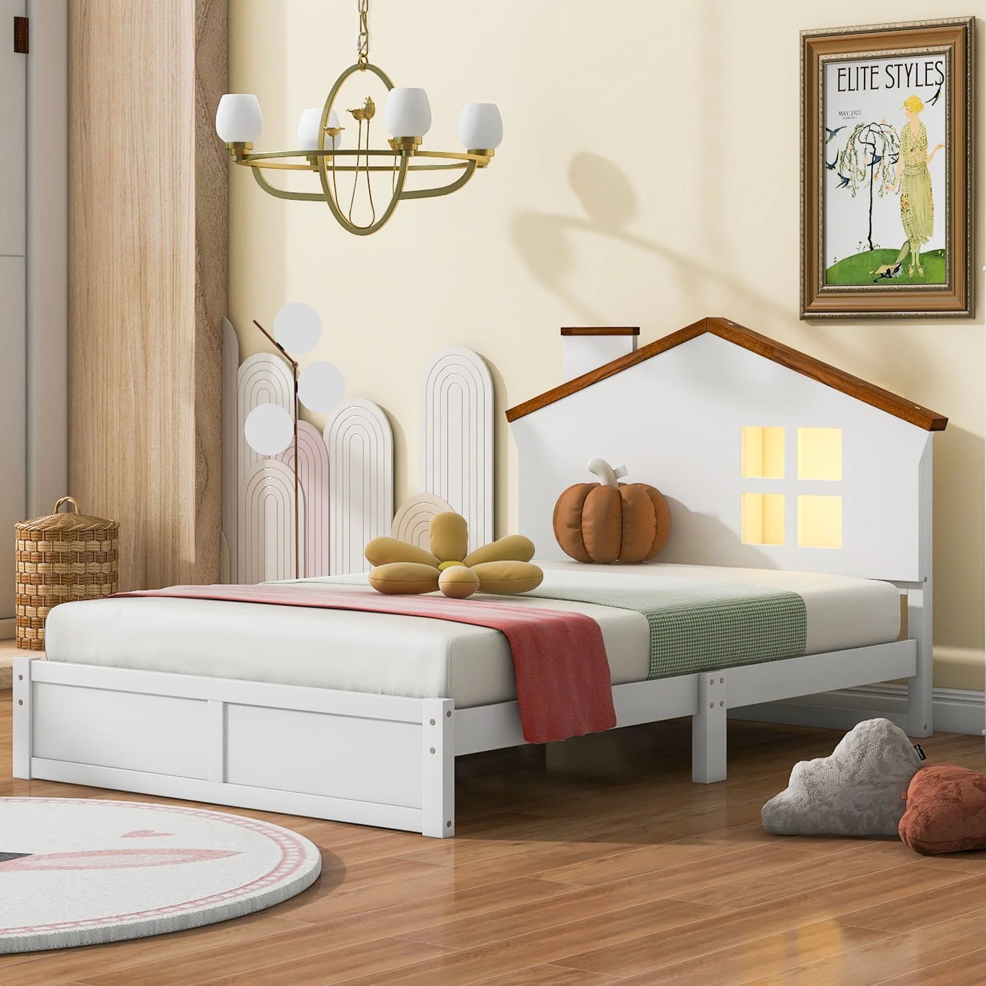 Wood Bed with House Headboard & LED Light