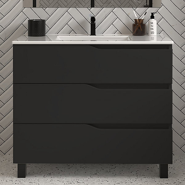 Meuble sous vasque seul, 3 tiroirs, 90cm, simple vasque - noir - MATA