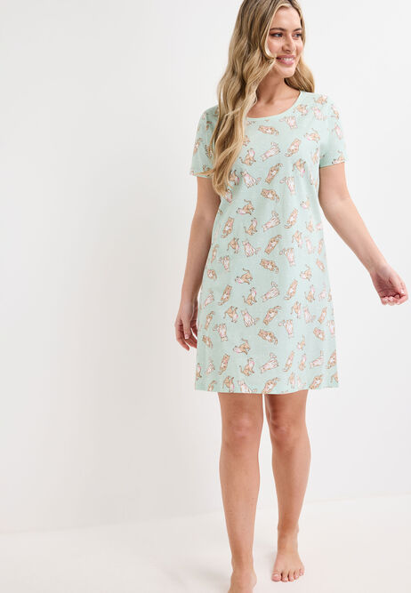 Womens Sage Cat Print Cotton Nightdress