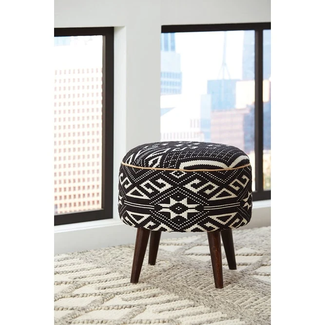 Camila Black and White Round Upholstered Ottoman