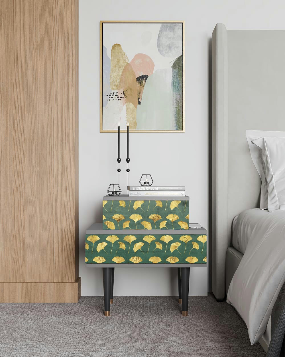 GINGKO LEAVES - Table de chevet vert et jaune 2 tiroirs L 58 cm