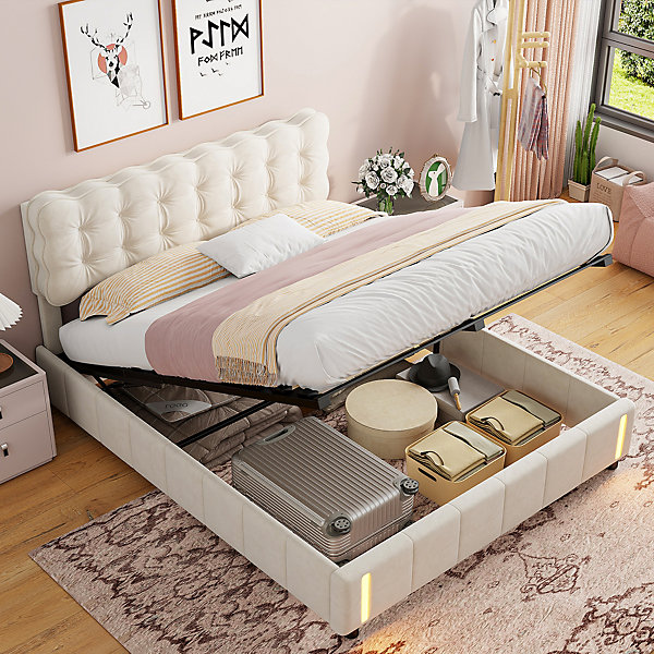 Lit Coffre 140x190cm, Cadre De Lit Rembourré Avec éclairage LED Et Sommier à Lattes, Velours Beige