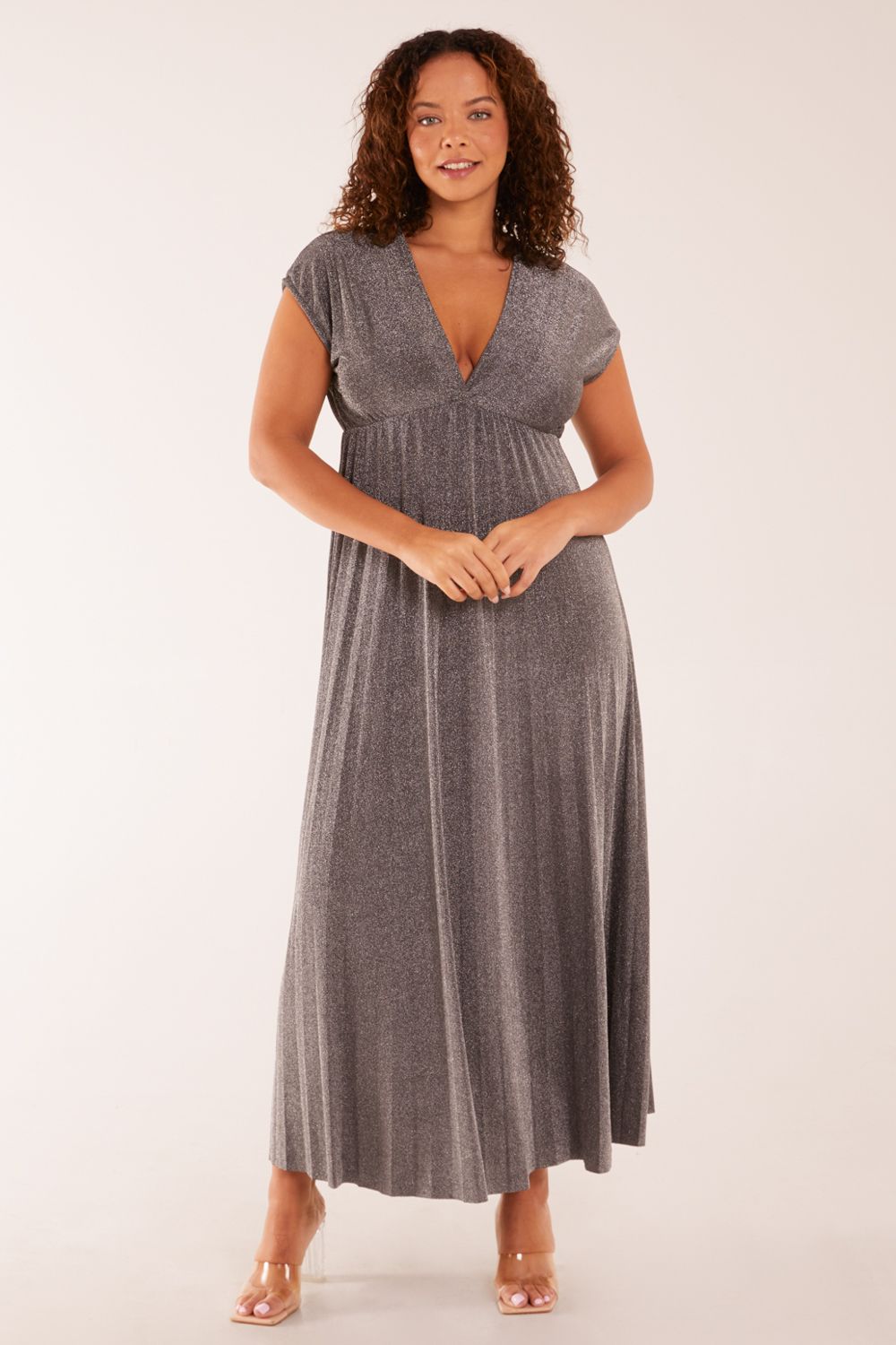 Blue Vanilla Metallic Pleated Double V Neck Dress