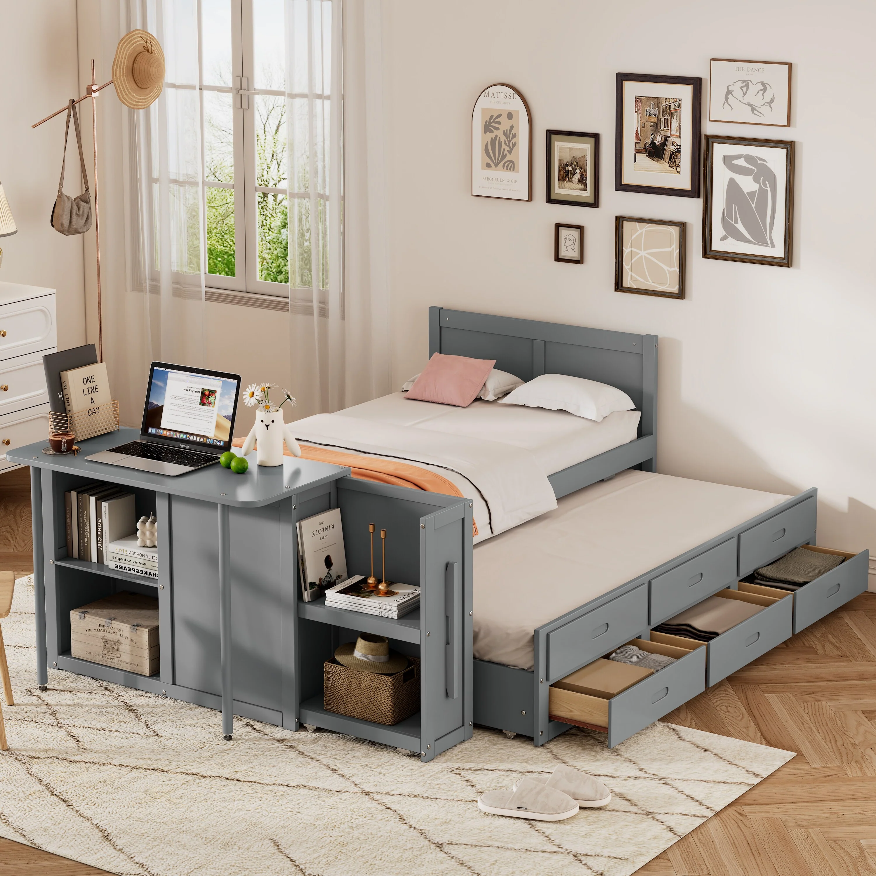 Twin Wood Platform Bed with Desk Trundle Drawers and End Shelf, All in One Space Saving Design