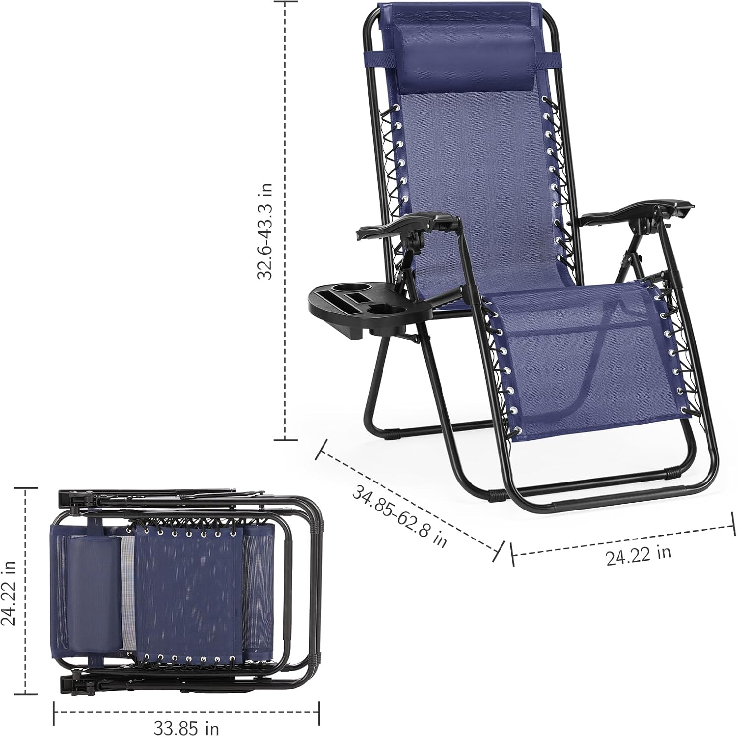 Sweetcrispy Zero Gravity Chairs Set of 2, Outdoor Folding Reclining Lounge Chair with Cup Holder Tray & Adjustable Pillow, Portable Camping Beach Patio Poolside Lawn Yard Chair, Classic Blue