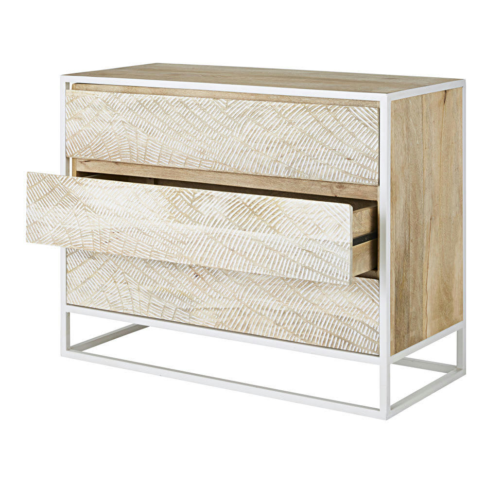 Boracay - Commode 3 tiroirs en manguier massif sculpté et métal blanc