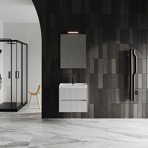 Meuble De Salle De Bain Suspendu 60Cm 2C Canné Blanc Mat Et Miroir 60X80 Cortina