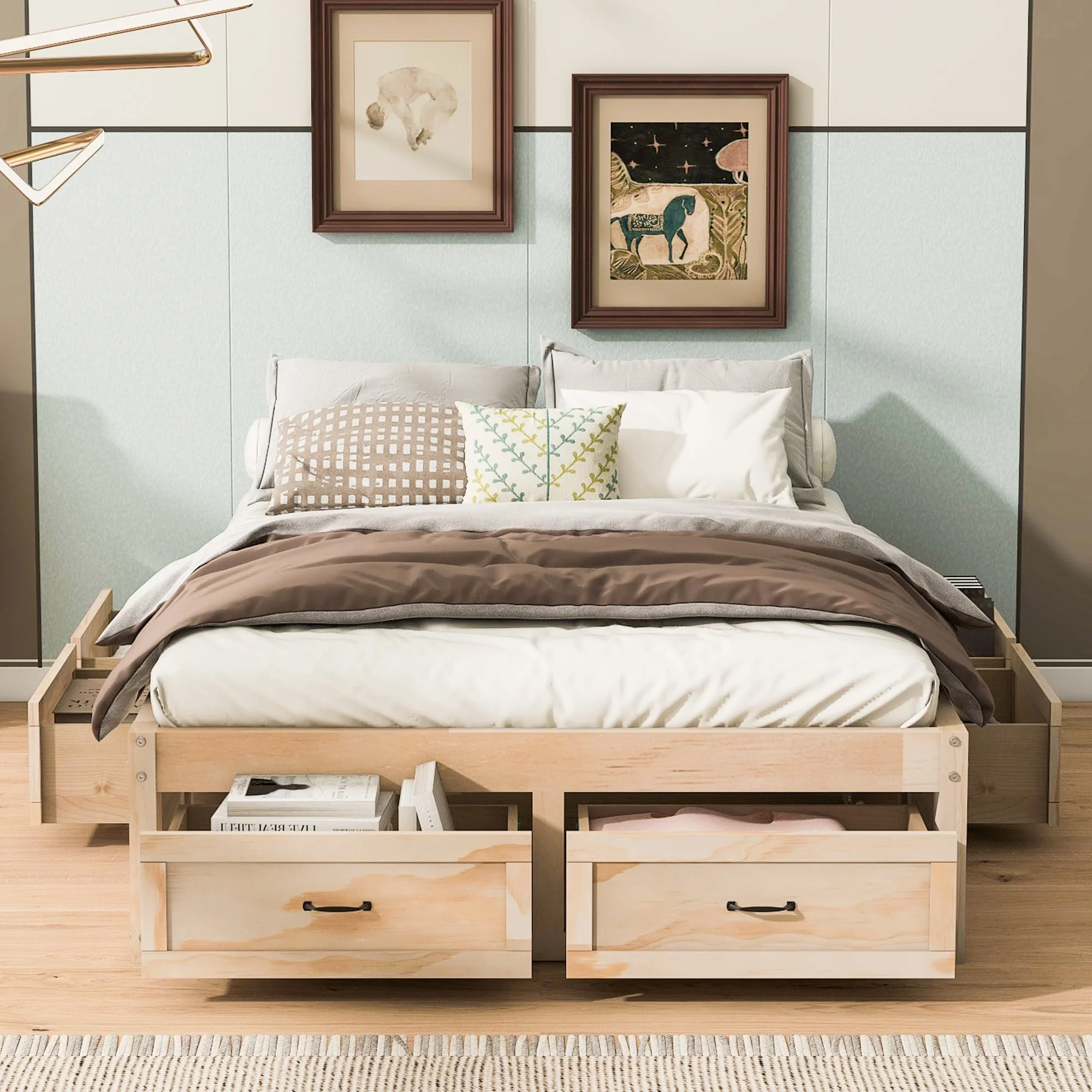 Full Size Platform Bed with 6 Storage Drawers for Bedroom