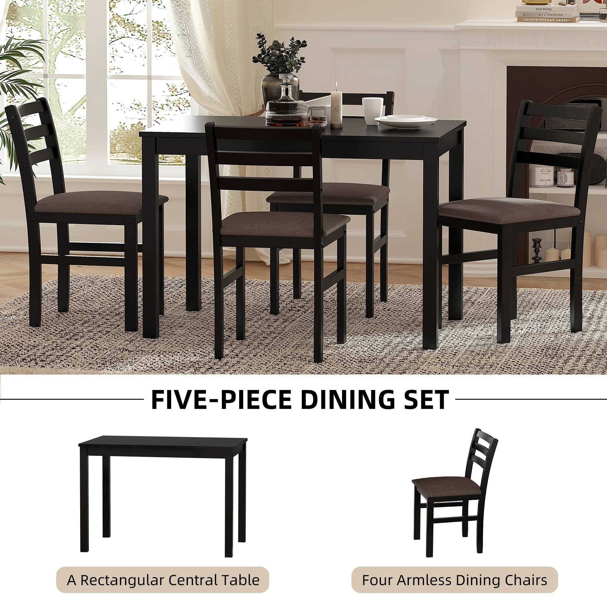 5-Piece Stylish Dining Table Set with 4 Upholstered Chairs featuring Ladder Back Design