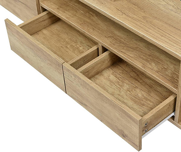 Meuble TV bas avec LED, commode moderne blanc brillant et bois, surfaces en verre élégantes