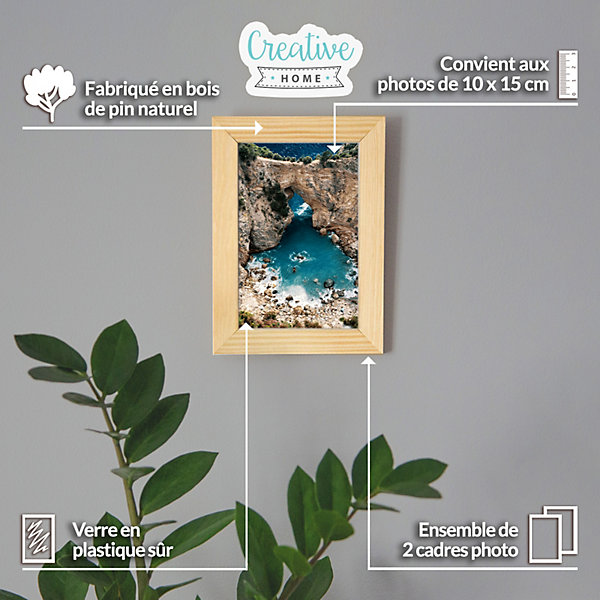 Creative Home 2x Cadre Photo 10x15cm Non-Peint Mural - Bois de Pin - Support Crochets - Accrocher Horizontalement ou Verticalement